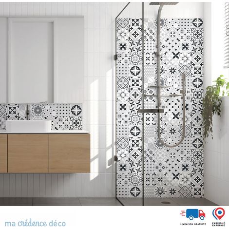 Panneau de douche : Carreaux ciment gris 1 - Couleur Gris anthracite - Alu composite - 100 - 245 (1/3)