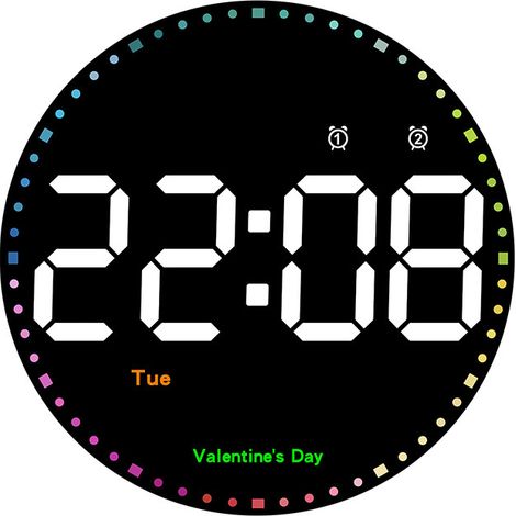 Horloge murale ronde, 25 cm, grande horloge murale numérique, grand affichage avec trotteuse arc-en-ciel, affichage de la date/jour/température/luminosité réglable, horloge murale LED pour la maison/l (1/5)
