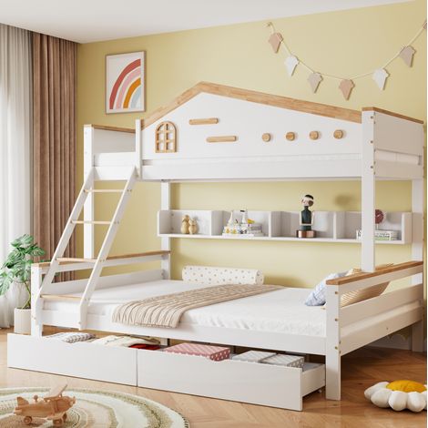 Etagenbett 205x148.5x167.5 cm Weiß Natur Massivholz MDF mit Fenster, Stauraum, Schubladen und Leiter (1/5)