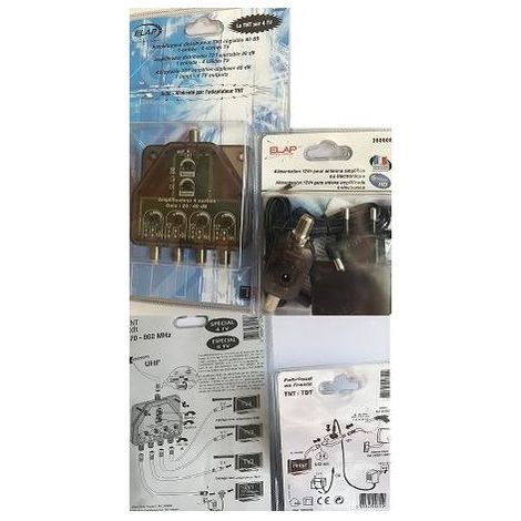 pack alimentation 12 v et amplificateur distributeur TNT réglable 40 db 1 entrée-4 sorties TV ( réf 360008 et 341057) elap hdme
