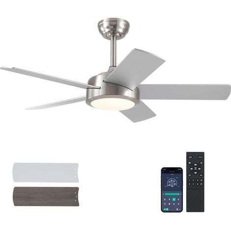 Ventilateur de Plafond Noir 107cm avec Lumière LED, Moteur DC Silencieux et Profil Bas, 5 Pales Réversibles, Contrôle par App et Télécommande, Design Moderne, Nickel (1/5)