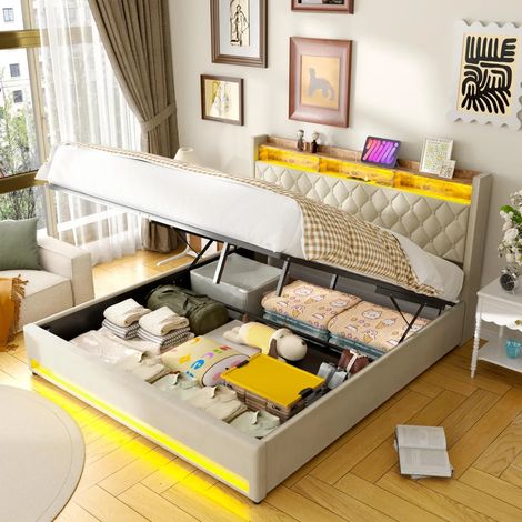 Lit coffre 180x200 cm avec éclairage LED, prises USB, tête de lit intégrant prises et tablette – Beige – Sans matelas (1/5)