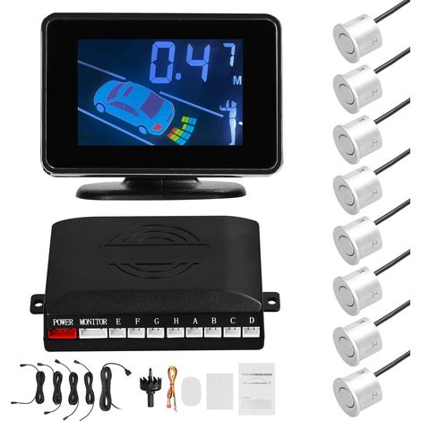 Capteur de stationnement de voiture Système de radars de recul Support avant et arrière Avertissement sonore/Buzzer/Muet avec 8 capteurs Détection de distance Écran LCD Volumes réglables. (1/5)