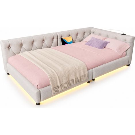 Canapé lit 1 place 90x200 cm avec sommier à lattes, LED 7 couleurs, ports USB et USB-C, tête de lit capitonnée, beige, gain de place - CHICFURN (1/5)