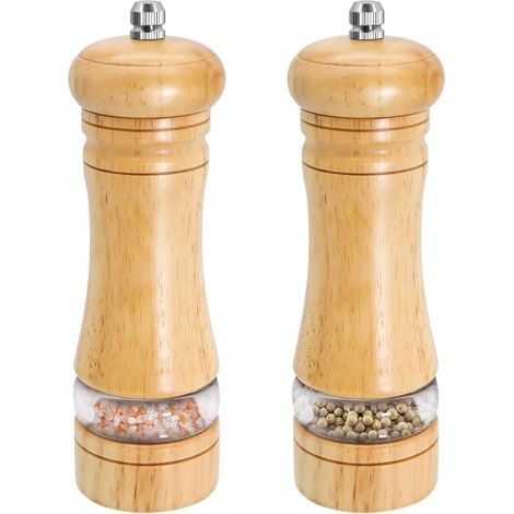 Lot de 2 moulins à poivre en bois avec moulin à poivre manuel en bois massif réglable avec soucoupe et fenêtres transparentes (15 cm)