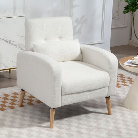Fauteuil moderne, chaise rembourrée avec pieds en bois d'hévéa, coussin lombaire, pour salon, chambre, bureau, blanc