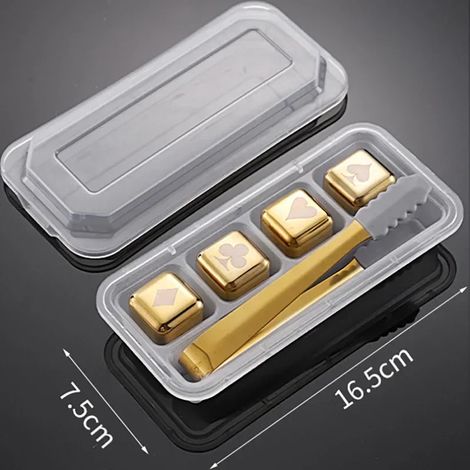 (Poker 4 pièces Clip doré) Pierres à whisky réutilisables, glaçons en acier inoxydable, refroidisseur à vin à congélation rapide, granules métalliques de qualité alimentaire, refroidisseur à bière, ac (1/5)