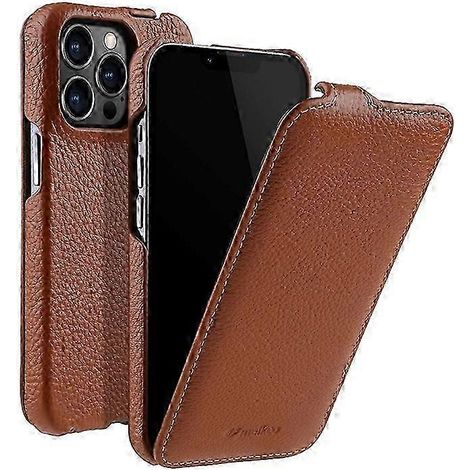 Étui en cuir véritable vache pour iPhone 12/12 Pro - Coque PC à texture litchi, rabat vertical ELKCO (1/5)