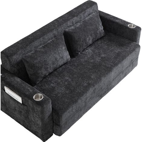 2-Sitzer Schlafsofa in Chenille mit USB-Anschlüssen, Getränkehaltern und Seitentaschen, Schwarz und Grau (1/5)