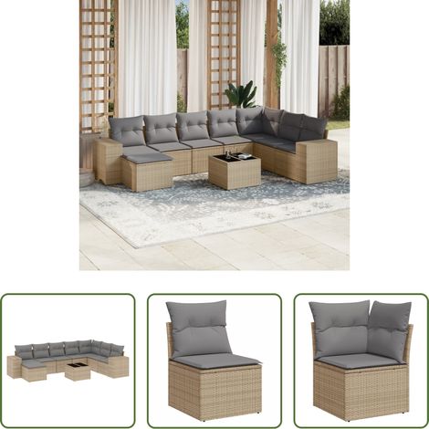 vidaXL Gartensessel - 9-tlg. Garten-Sofagarnitur mit Kissen Beige Poly Rattan (1/5)