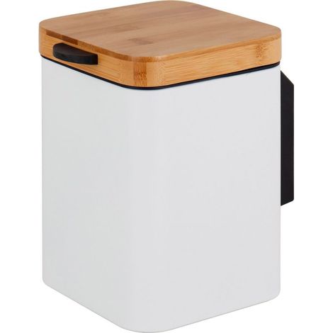 Poubelle cosmétique à fixation murale, 3 l, fermeture douce, seau intérieur, métal, carrée, blanc/naturel (1/5)
