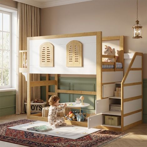 Lit mezzanine enfant 90 x 200 cm blanc et naturel escalier rangement aire de jeu fenêtres sommier à lattes pin MDF contreplaqué (1/5)