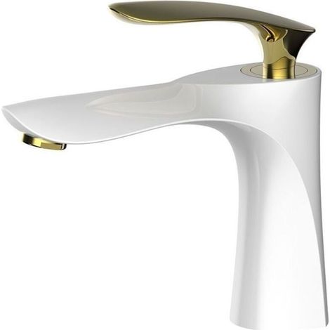 Robinet de lavabo de salle de bain au fini blanc Mitigeur chromé doré Lavabo à montage sur pont à Robinet en laiton à double finition (avec tuyau) (1/4)