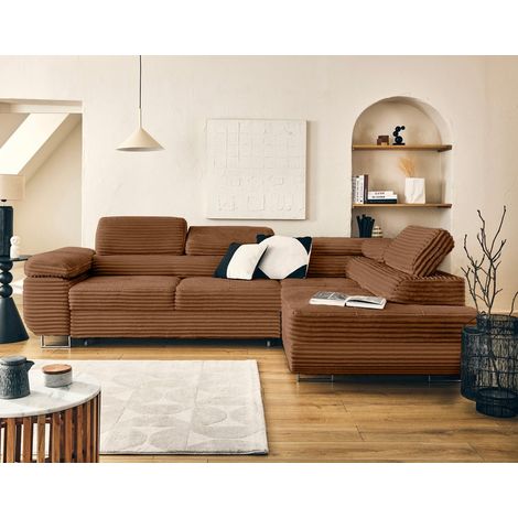 Zaria - ecksofa rechts 5-sitzer schlaffunktion und bettkasten und kopfstützen großer geripptem cord - rostfarben