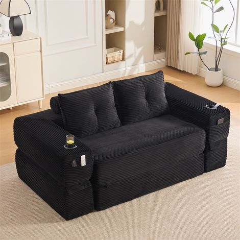Canapé Convertible 2 Places - 180x98x80cm - Chauffeuse Pliante en Velours Côtelé avec Ressorts, Porte-Gobelet - Noir (1/5)