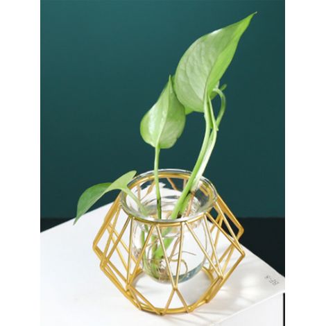 Sechseckiges Terrarium aus goldfarbenem Metall mit Glasröhrchen für Blumen und Pflanzen – 11 cm Design-Tischgestell (1/5)