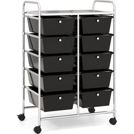 COSTWAY Rollwagen mit 10 stapelbaren Schubladen, Schubladenwagen Rollcontainer mit Metallgestell und Ablagefläche, Badrollwagen Aufbewahrungswagen für Büro, Wohnzimmer, 65,5 x 37 x 87 cm(Schwarz) (1/5)