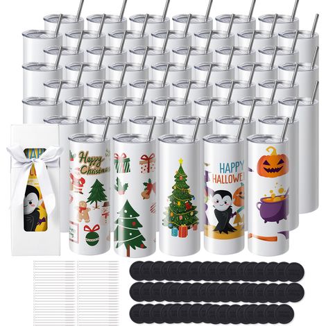 VEVOR Confezione da 50 bicchieri per sublimazione, bicchiere vuoto da 20 oz, bicchieri a doppia parete in acciaio inossidabile con cannuccia, coperchio, pennello, base, pellicola termoretraibile