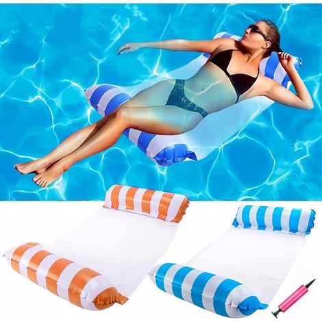 Lot de 2 chaises longues gonflables de luxe (bleu et orange) – Avec bandes, chaises flottantes confortables pour piscine comprend une pompe à main