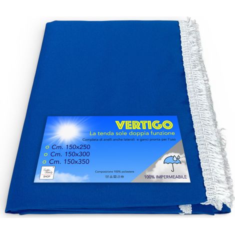 Tenda da Sole Vertigo Tex Family Bluette Unito 100% Poliestere Impermeabile Idrorepellente Tinto Filo Occhielli Acciaio Frangia Cm. 150x250