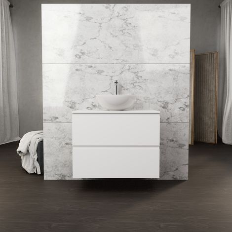 Inda - Badezimmerschrank B.80 mit Aufsatzwaschbecken / Mattweiß 2 Schubladen - Rubin