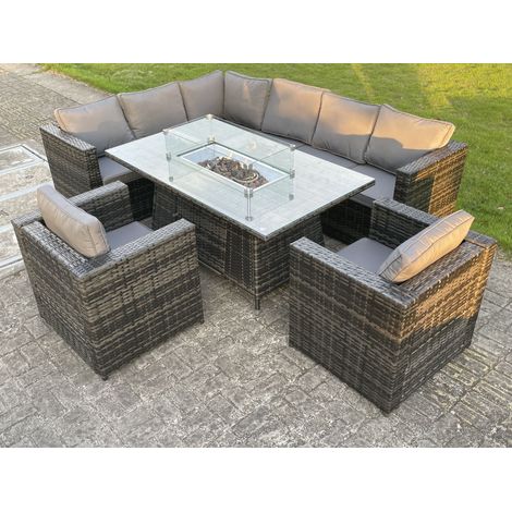 Fimous 8 Seater Outdoor Rattan Garden Furniture Corner Sofa Burner Gas Fire Pit Table Sets Lounge Chairs Dark Grey (1/5)