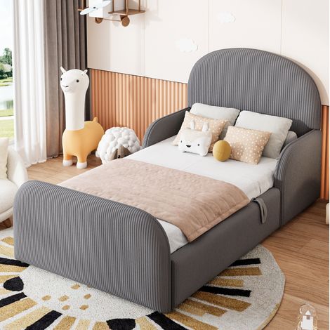 Cama infantil 90x200 cm gris tapizada con almacenaje hidráulico y barandillas (1/5)