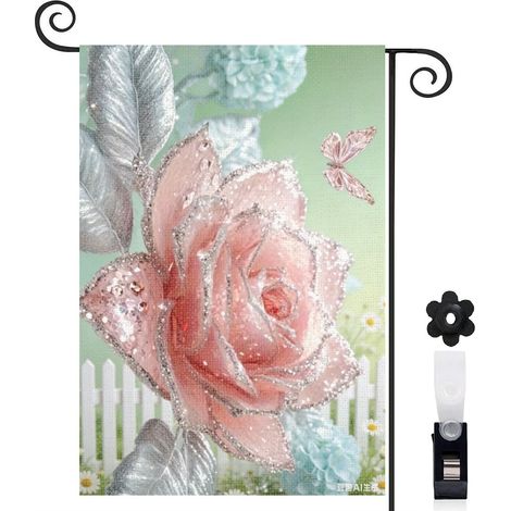Drapeau vertical rose cristalline et fleurs colorées 30 x 45 cm décoration saisonnière extérieure (1/4)