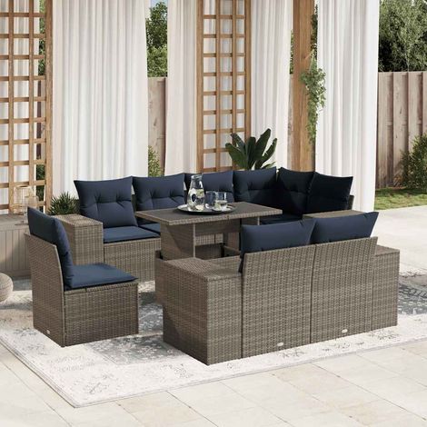 9-teiliges Gartensofa-Set mit Kissen, grau, Polyrattan (1/5)