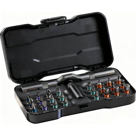 Tournevis à cliquet 24 en 1 - Kit tournevis magnétique de précision avec 24 embouts, poignée en aluminium amovible, outils de réparation pour meubles, bricolage, PC - Compact et portable (1/3)