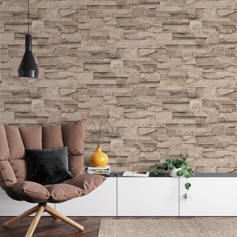 Thorn Slate Natural Beige Stone Brick Wall Effect Textured Vinyl Wallpaper (1/4)