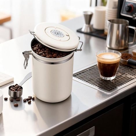 Caffettiera in acciaio inox – Contenitore ermetico da 1800 ml per chicchi di caffè, con misurino incluso, barattolo per alimenti da cucina, ideale per cereali, zucchero, tè, farina e come regalo (1/5)