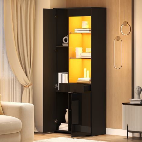 Vitrine 70x35x180 cm avec tiroirs, meuble haut en verre brillant, éclairage LED intégré, armoire de rangement compartimentée, étagère autoportante, charge max 45 kg, finition noire. (1/5)