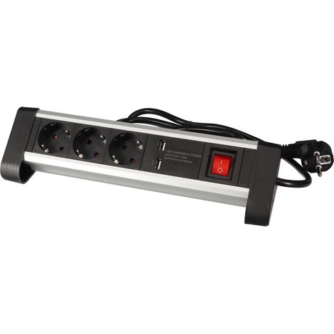 Perel Steckdosenleiste mit Schalter, 3 Steckdosen mit Schutzkontakt (Schuko, Typ F), 2 USB-Anschlüsse für Smartphone und Tablet, 1,4 m Kabel H05VV-F 3G1.5, Innenbereich, Schwarz Grau, 16 A, 3500 W,