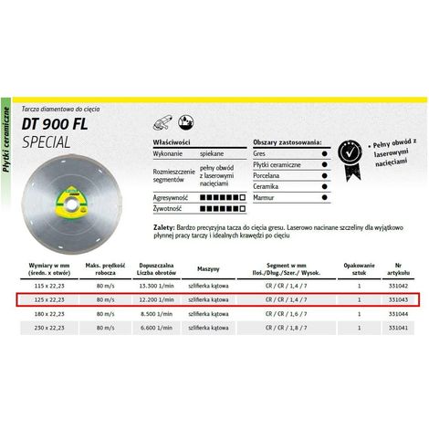 DISCO DE DIAMANTE COMPLETO KLINGSPOR 125 mm x 14 mm x 222 mm DT900FL SUPRA GRES ESPECIAL SECO HÚMEDO (1/2)