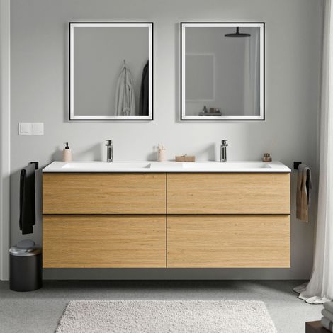 BERNSTEIN - Mobile lavabo sospeso MDF rovere miele, lavello Ghisa bianco opaco + foro rubinetto, maniglia cromata - 160x46x62cm - LAVOA	cromo, Rovere Miele Oro, Bianco opaco con foro rubinetto