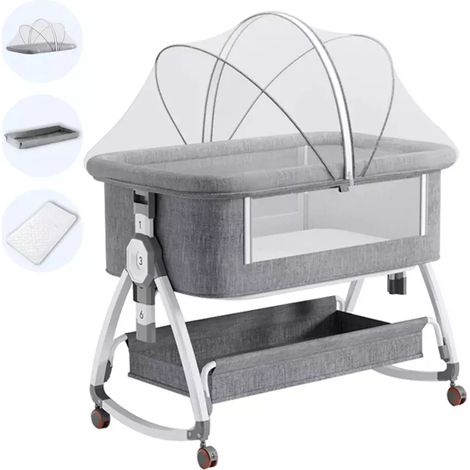 Neche – Lit cododo 3 en 1 avec matelas et moustiquaire – Berceau portable avec roues – 6 niveaux de réglage de hauteur – Gris