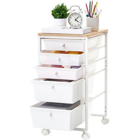 VEVOR Chariot de Rangement a 5 Tiroirs avec Roulettes Plateau en Bois Blanc, Tiroirs en PP, Cadre en Acier, pour Bureau, Loisirs Creatifs, Chambre et Maquillage, 4 Roulettes Pivotantes 2 avec Frein (1/5)