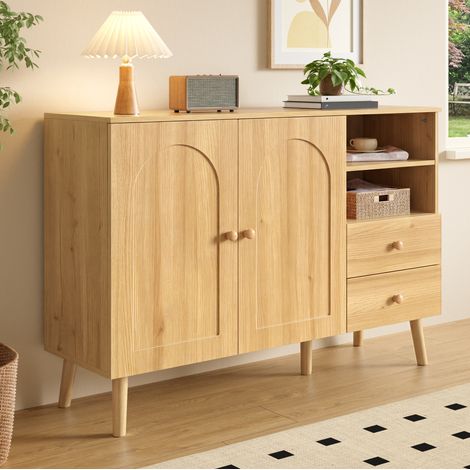 Sideboard 118x35x82 cm Natur aus MDF und Spanplatte mit gewölbten Türen, Schubladen und Holzfüßen (1/5)