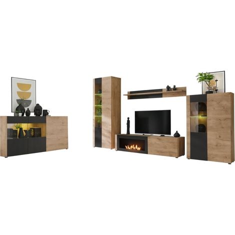 Salone completo DOUM – Buffet basso, vetrina, mobile TV con camino bio-etanolo, buffet alto e scaffale a muro – Rovere chiaro e nero