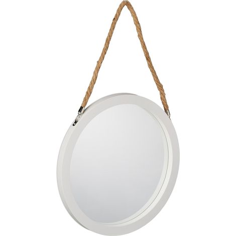 Relaxdays Wandspiegel mit Seil, Ø 35 cm, runder Spiegel zum Aufhängen, Hängespiegel Flur, Bad, Wohnzimmer, weiß/natur (1/5)