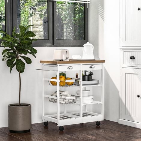 Carrito de cocina multiusos con 2 cajones, 6 botelleros, 2 estantes laterales y 2 cestas, de madera de pino, 74x37x76 cm, blanco. (1/5)
