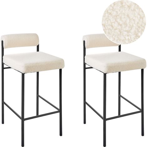 Lot de 2 Chaises de Bar Sans Accoudoirs avec Dossier Boudin en Tissu Bouclé Blanc Amaya (1/5)