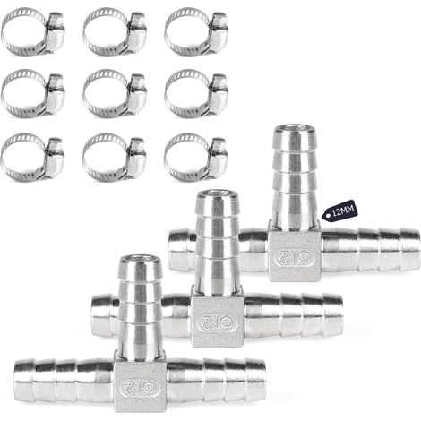 Lot de 3 Ensemble Connecteur 12mm T à 3 Voies Raccord de Tuyau en T en Acier Inoxydable SUS 304 Connecteur de Tuyau avec 9 Colliers Connecteur Barbelé pour Air, Carburant, Eau, Gaz, Huile (1/5)