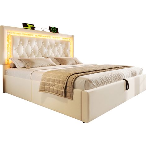 Lit coffre 140x200 cm Lit capitonné velours avec LED et USB/Type-C - Sommier inclus - Rangement hydraulique et tête de lit diamant - Beige (1/5)