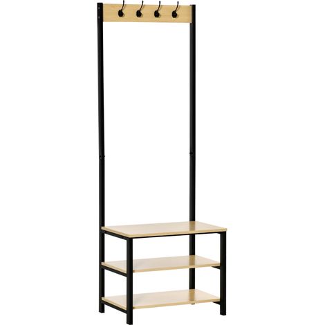 Porte-manteau en métal avec rangement pour chaussures, 3 étagères et 4 crochets pour suspendre les vêtements dans une entrée ou un couloir, 60 x 40 x 175 cm, noir et naturel
