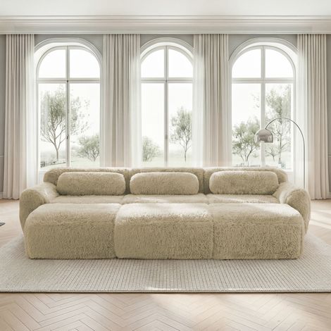 Sofá modular de 3 plazas sin estructura, con 3 otomanas, tejido de felpa, beige HAVRYA (1/5)