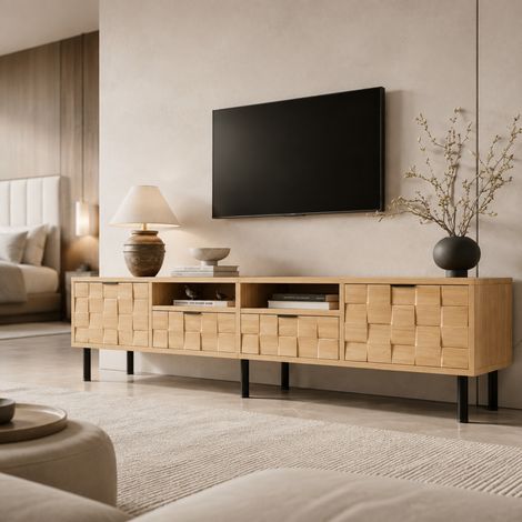 Meuble TV lowboard 200 x 35 x 44,5 cm, 2 portes, 2 tiroirs, naturel HAVRYA (1/5)