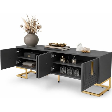 Mueble TV de tablero de partículas gris oscuro, 170 cm, con 4 puertas, baldas interiores, patas doradas regulables y cierre amortiguado para salón moderno CHICFURN (1/5)
