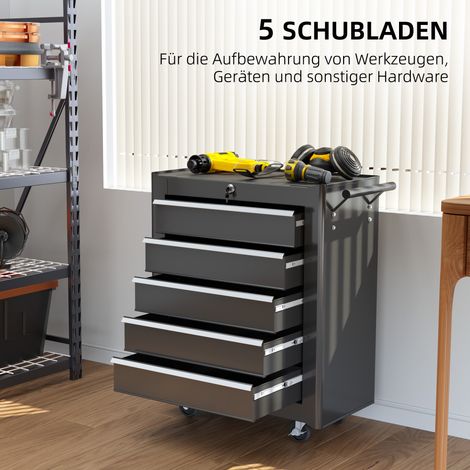 Coffre à outils roulant en acier noir, armoire mobile avec 5 tiroirs